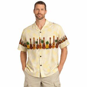 Hawaiian Guitars Pineapples Luau Shirt Mens Size Large Aloha Mo'i Palm Trees